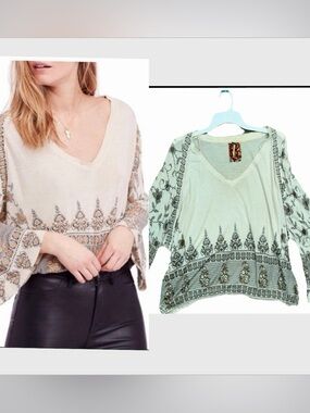 FREE PEOPLE Women’s Neutral Medallion Print Top Knit V-Neck MEDIUM